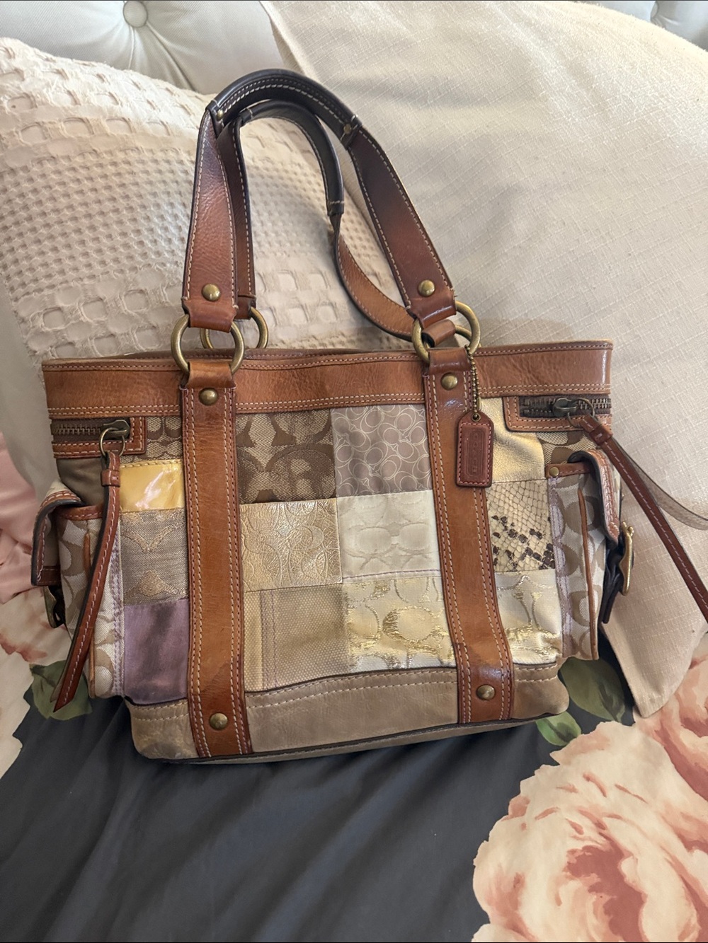 Coach Patchwork Leather Tote Bag in Brown and Neutral Tones